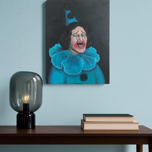 Screaming Clown Painting – Emotional Pierrot Portrait – Acrylic on Canvas – 30x40 cm – Blue Sad Circus Wall Art