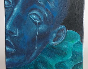 Pintura de Payaso Azul Triste – Arte Acrílico Original sobre Lienzo 30×40 cm – Retrato Figurativo Emocional – Arte Mural Oscuro y Melancólico – Hecho a Mano