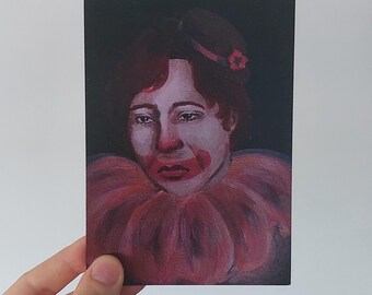 Lámina artística de payaso triste A6 – Retrato emotivo de circo – Mini ilustración de payaso melancólico – Postal de arte oscuro de estilo vintage
