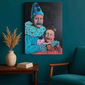 Sad Clown Painting - Original Acrylic Art - Blue and Pink Pierrot - Emotional Portrait - 50x70cm Canvas - Carnival Wall Art