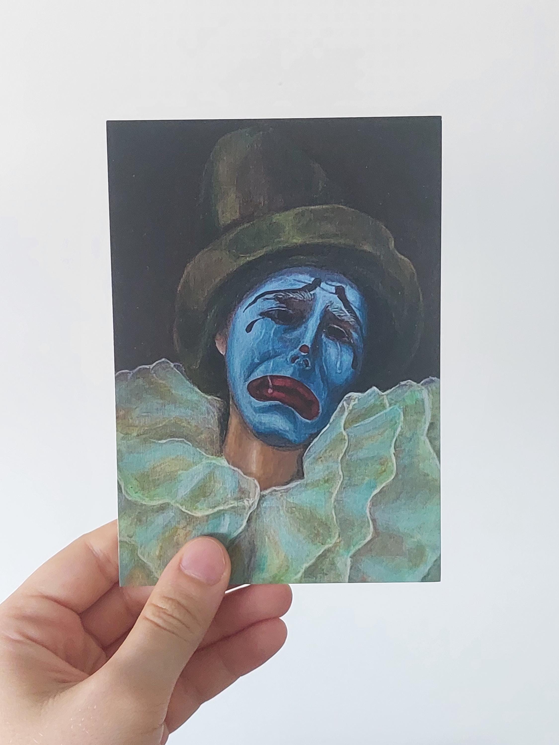 Lámina artística de payaso azul triste A6 – Retrato dramático de circo con sombrero – Mini impresión de Pierrot expresionista – Postal emotiva y caprichosa