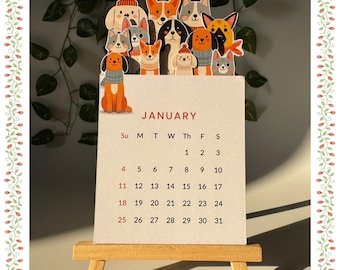 2026 Dog Calendar with Wooden Stand – Minimal Home & Office Decor