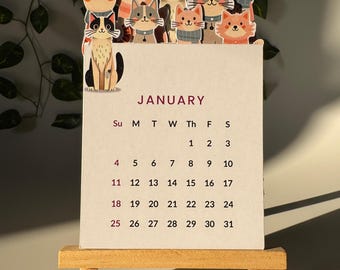 2026 Cat Calendar with Wooden Stand – Minimal Home & Office Decor