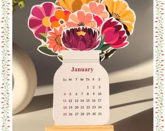 2026 Floral Calendar with Wooden Stand – Minimal Home & Office Decor
