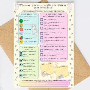 May include: A self-care guide with the text "When emotions feel overwhelming, let this be your guide." The guide includes sections for identifying feelings and supportive actions, with illustrations of a cat and paw prints.