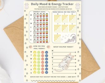 Stimmungs & Energie Tracker - Süße Katze Printable für Mentale Gesundheit Selbstfürsorge