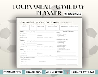 Planer dnia turnieju do druku | Planer turnieju sportowego do wypełnienia | Organizator dla mamy drużyny | Wiele gier | Format A4 + format US Letter PDF