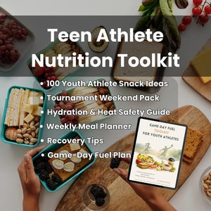 Kit de Nutrição para Adolescentes Atletas | Planejador de Refeições + Guia de Energia para o Dia do Jogo | 100 Ideias de Lanches Saudáveis | Recuperação | PDF para Imprimir para Pais de Atletas