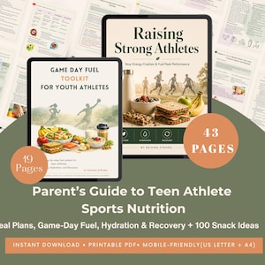 Könnte beinhalten: Zwei digitale Tablets zeigen Ernährungsratgeber mit den Titeln Raising Strong Athletes und Game Day Fuel Toolkit for Youth Athletes. Die Bildschirme zeigen gesunde Mahlzeiten, Läufer und Text. Im Hintergrund sind Seiten mit Tabellen und Text zu sehen.