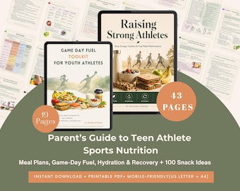 May include: Two digital tablets display nutrition guides titled Raising Strong Athletes and Game Day Fuel Toolkit for Youth Athletes. The screens show images of healthy meals, runners, and text. Background pages show charts and text about sports nutrition.