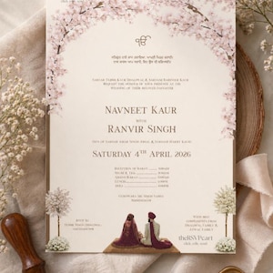 May include: Wedding invitation with floral arch and text. The invitation features the names Navneet Kaur and Ranvir Singh, with the date Saturday, April 4th, 2026. The RSVP details are included at the bottom.