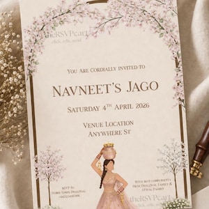 May include: An invitation card with floral and tree illustrations. The text reads "You are cordially invited to Navneet's Jago, Saturday 4th April 2026". A woman in a pink dress is depicted carrying a pot.