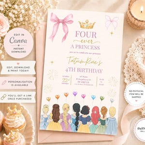 May include: A rectangular birthday invitation card featuring a pink bow, a gold crown, and the text Four Ever A Princess Tatum Rae's 4th Birthday. The bottom shows illustrations of nine princesses from behind, each holding a heart-shaped balloon.