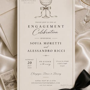 May include: A rectangular engagement invitation card in cream with dark brown text and a line drawing of a champagne coupe with a ribbon. The text includes the names Sofia Moretti and Alessandro Ricci, the date July 20, 2024, and location details.