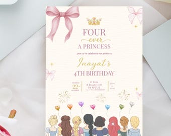 Invitación de cumpleaños número 4 de princesa / Siempre una princesa / Plantilla de Canva rosa y dorado (descarga digital)