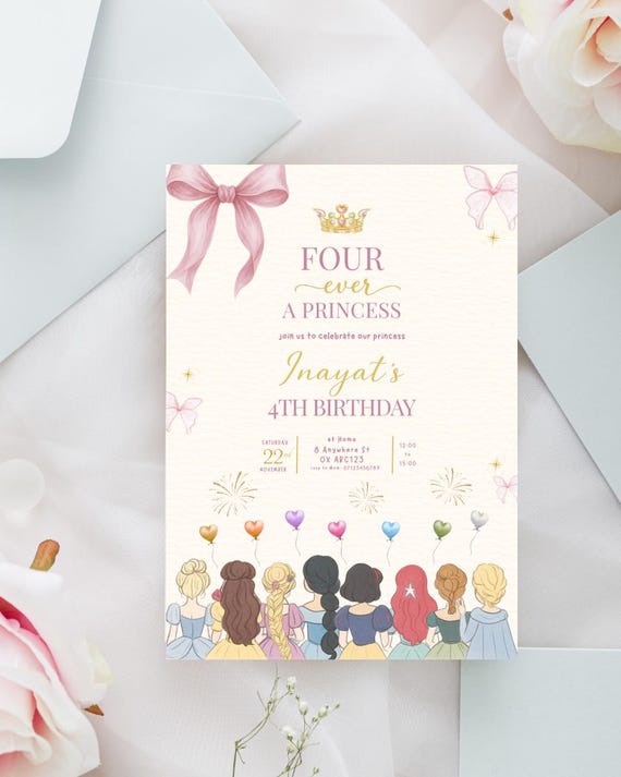 Princess 4th Birthday Invitation| Four Ever a Princess| Pink Gold Canva Template (Digital Download)