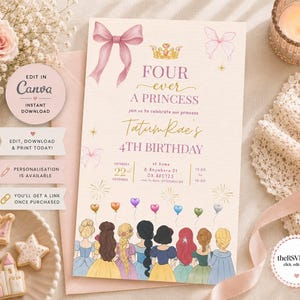 Princess 4th Birthday Invitation| Four Ever a Princess| Pink Gold Canva Template (Digital Download) image 6