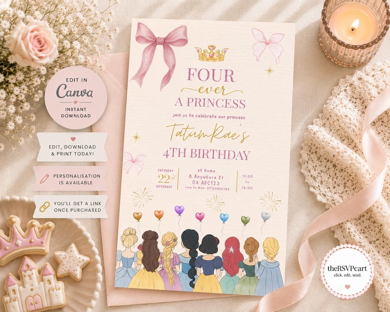 Princess 4th Birthday Invitation| Four Ever a Princess| Pink Gold Canva Template (Digital Download) image 6
