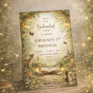 Enchanted Forest Birthday Invitation, Woodland Fairy Theme, Editable Canva Template (Digital Download)