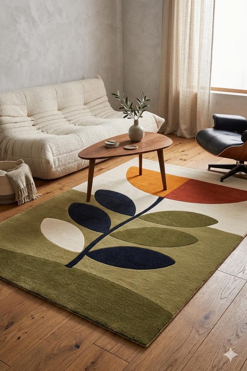 Modern Abstract Leaf Rug, Hand Tufted Wool Area Rug, Handmade Mid ...