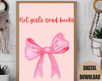 Chicas atractivas leen libros / Descarga digital / Arte mural femenino / Estética de lazo rosa / Póster imprimible al instante para amantes de los libros y decoración coqueta