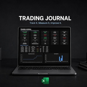 May include: A laptop displaying a digital trading journal spreadsheet with the text TRADING JOURNAL, Track it. Measure it. Improve it. The screen shows various financial data tables, performance metrics, and bar charts on a dark background.