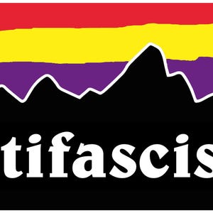 May include: A graphic featuring a red, yellow, and purple striped background, a black mountain silhouette, and the white word "antifascista". The website address BARRIO161.de is in the bottom right corner.