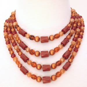 Vintage Lucite Coral Multi Strand Necklace Coral Color  Beaded Necklace Vintage 60&#39;s Jewelry Statement  Necklace  Chunky Necklace