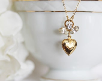 Vintage Heart Necklace Gold Angel Pendant Romantic Necklace Mid Century Jewelry Gift For Her