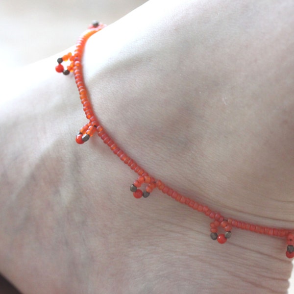 Orange Anklet Bracelet With Toe Ring Vintage Orange Beaded Anklet Bohemien Anklet