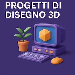 Op de afbeelding: Een paarse computer met een blauw scherm met een oranje geometrische vorm, een toetsenbord en een muis. Links staat een kleine potplant. De tekst "PROGETTI DI DISEGNO 3D" staat bovenaan.