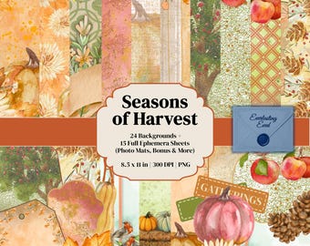 Seasons of Harvest Junk Journal Kit | Fall Printable Paper Pack | 24 Backgrounds + 15 Ephemera Sheets | 8.5x11 Digital Download
