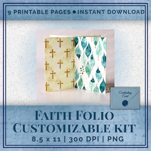 Pode incluir: Kit Faith Folio personalizável com 9 páginas para impressão disponíveis para download instantâneo. O kit inclui dois cartões dobrados, um com cruzes douradas em fundo bege e outro com folhas em aquarela. Uma carta com um selo de cera também está incluída.