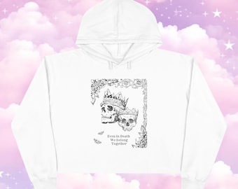 Schädel Paar Illustration Crop Hoodie | Gothic Kronen-Skelett, 'Ever In Death We're Together'