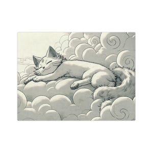 May include: A rectangular print featuring a white cat sleeping peacefully on fluffy clouds. The cat has a serene expression and a long, fluffy tail. The artwork is in a soft, muted color palette, creating a calming aesthetic.