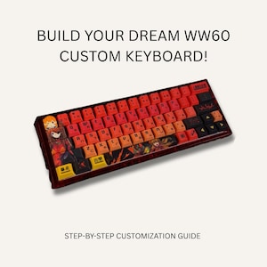 May include: A custom WW60 keyboard with red, orange, and black keycaps. The keyboard has Japanese characters and anime-style artwork. The image includes the text "BUILD YOUR DREAM WW60 CUSTOM KEYBOARD!" and "STEP-BY-STEP CUSTOMIZATION GUIDE."