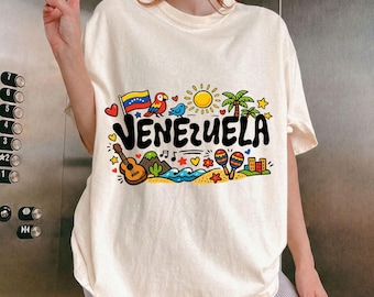 Venezuela Travel Flag Parrot Maracas PNG, Cartoon Doodle Men Women Sublimation DTF, Latin Heritage Beach T-Shirt Design, Digital Download
