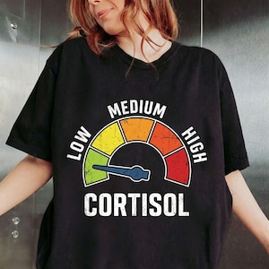 Könnte beinhalten: Schwarzes T-Shirt mit einem Messgerät-Design. Das Messgerät zeigt "LOW", "MEDIUM" und "HIGH" in Weiß an. Die Nadel zeigt auf "LOW". Das Wort "CORTISOL" ist darunter in Weiß gedruckt.