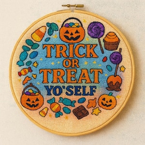 Halloween Cross Stitch Pattern PDF – Trick or Treat Yo’ Self Funny Embroidery Design, Candy Lover Hoop Art, Spooky Cute, Parks and Rec