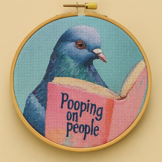 Pooping on People Cross Stitch Pattern PDF – Funny Pigeon Embroidery, Bird Meme Decor, Pop Culture, Funny Bathroom Wall Art, Toilet Humor