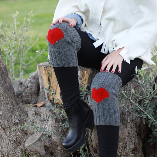 Legwarmers womens, Heart Boot Cuffs, Grey Knit boot socks, Woolen knee warmers, Winter knit accessories, Saint Valentines day gift for her