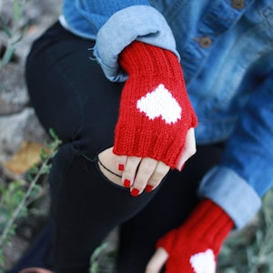 Knit Red Heart Gloves for women, Fingerless unique wrist warmers - Romantic valentines anniversary gift for her, Cozy accessories