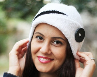 Black and White knit hat with button, Unique cloche knit beanie for women, Cozy winter cloche cap, Gift for ladies