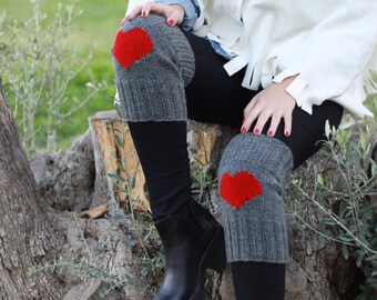 Legwarmers womens, Heart Boot Cuffs, Grey Knit boot socks, Woolen knee warmers, Winter knit accessories, Saint Valentines day gift for her
