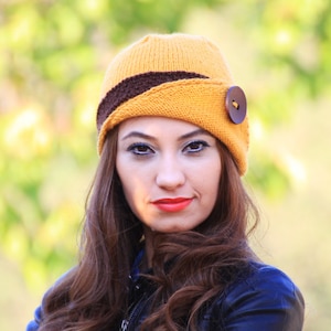 Vintage Inspired Mustard Cloche Hat, Art Deco Knit Winter Cap for Women, Brown Trim Beanie with Statement Button