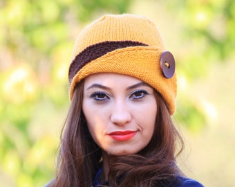 Lucy Cloche knit hat women with a band & asymmetrical brim, Mustard and brown winter womens hat, Vintage style hats