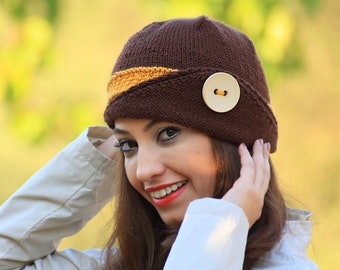 Brown knit hat with a yellow stripe and button, Winter cloche hat for womens, Handmade beanie wool and acryllic yarn