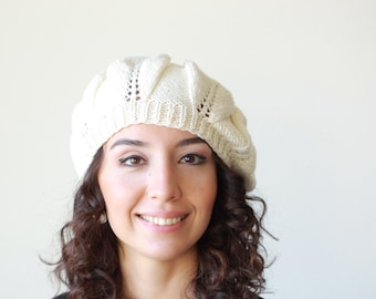 Cream color knit French artist style hat, Slouchy beret, Little Slouch beanie for ladies inspired by French beret, Handknit fashion wool tam