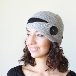 Grey and black hand knit womens hat, Knit cloche hat woman, Knit accessories, Knit beanie cap, Fall knit beanie image 1