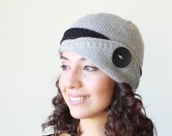 Grey and black hand knit womens hat, Knit cloche hat woman, Knit accessories, Knit beanie cap, Fall knit beanie